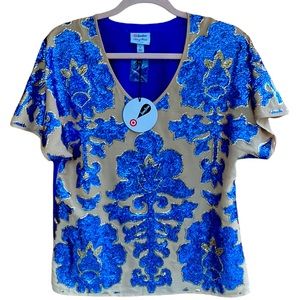 NWT Tracy Reese Neiman Marcus Target Sequin Blue + Gold Blouse Size Small